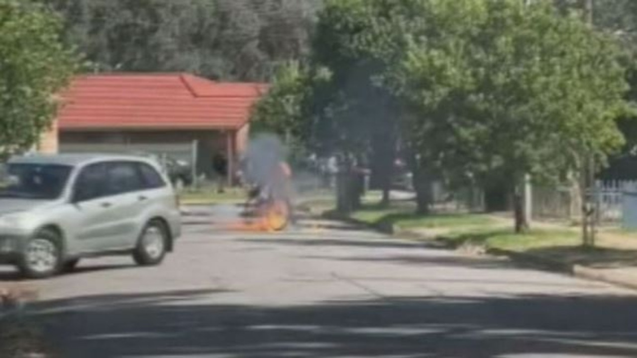 A man’s e-bike explodes into flames. Picture: Nine News