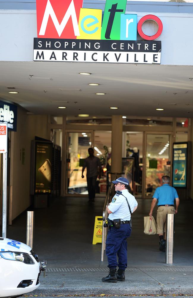 Police at Marrickville Metro investigating an armed robbery in 2014.