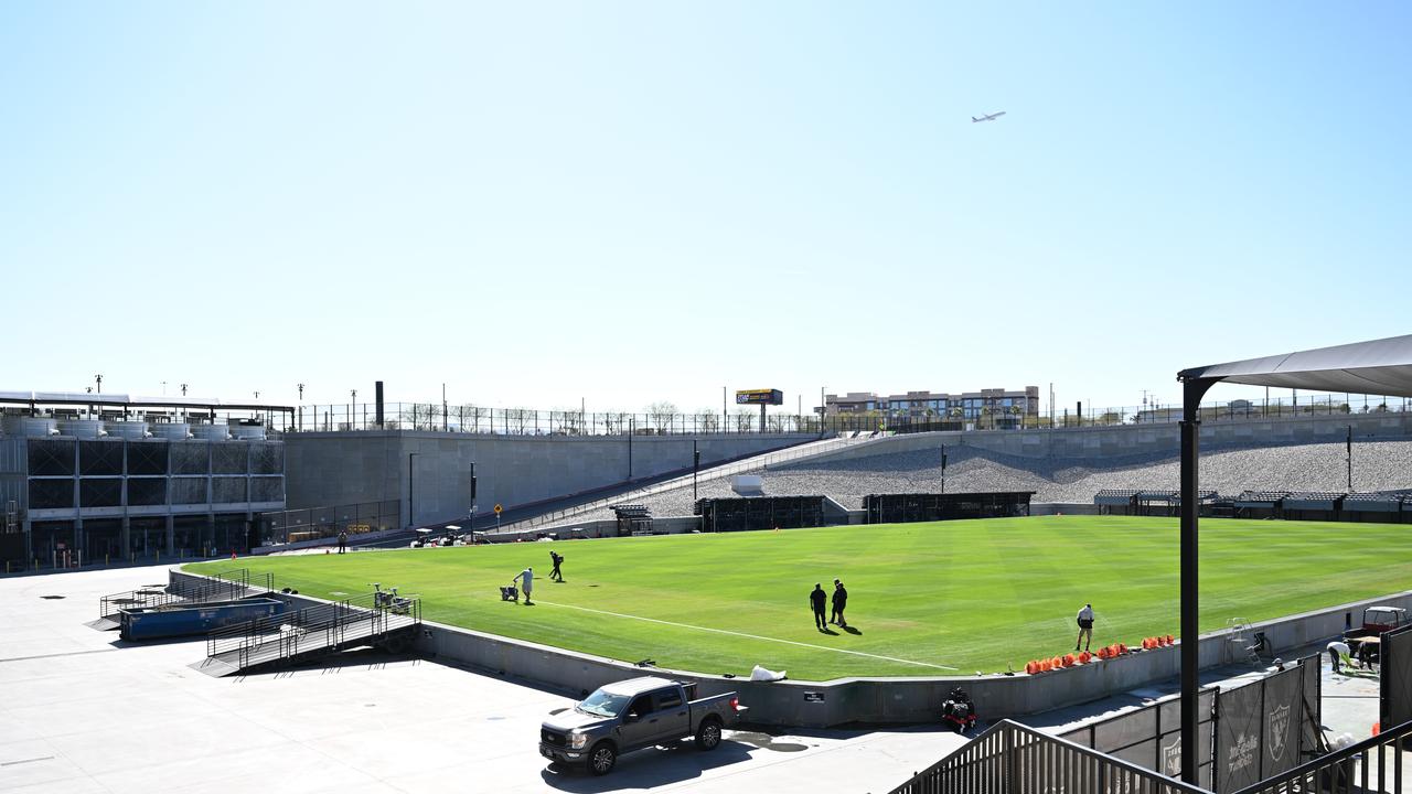 The Allegiant Stadium pitch prepares to be wheeled into the stadium. NRL Imagery