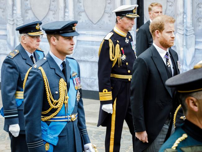 Prince William and Prince Harry walk behind the gun carriage. Picture: Getty Images