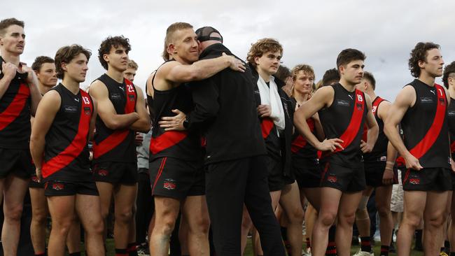 Brad Cox-Goodyer and North Lauceston coach Adrian Smith embrace. TSL grand final 2024 - North Launceston V Lauderdale. Picture: Nikki Davis-Jones