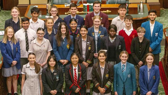 <span id="U81715103828nfF">Back row:</span> Kyra Quilliam – Woodcroft College; Ahaan Kothari – Glenunga International High School; Nicola Short – Heathfield High School; Adrian Niculescu – Sacred Heart College; Callum Barrott-Walsh – Cardijn College; Rodan Jaworkski – Nazareth Catholic College. <span id="U81715103828FfF">Middle rows:</span> Tealia Jenkins – Pedare Christian College; Mihir Doshi – Adelaide High School; Daniela Bagnato – St Aloysius College; Klara Lenkiewicz – St Mary’s College; India Ciura – St Joseph’s School Port Lincoln; Sahib Kaur – Our Lady of the Sacred Heart College; Anesha Rahman – Wilderness School; Milla Swain – Loreto College; Mercy Yebu – Hope Christian College; George Burgess – Cedar College; Katey Gosden – Marden Senior College; Mobin Achakzai – IQRA College. <span id="U81715103828Rd">Front row:</span> Stella Crisa – Nazareth Catholic College; Julianna Vibal – Hope Christian College; Miel Ancheta – Charles Campbell College; Allegra Kleinig – Wilderness School; Ebony Hughes – Investigator College; Emily Craig – Pedare Christian College. Picture Emma Brasier