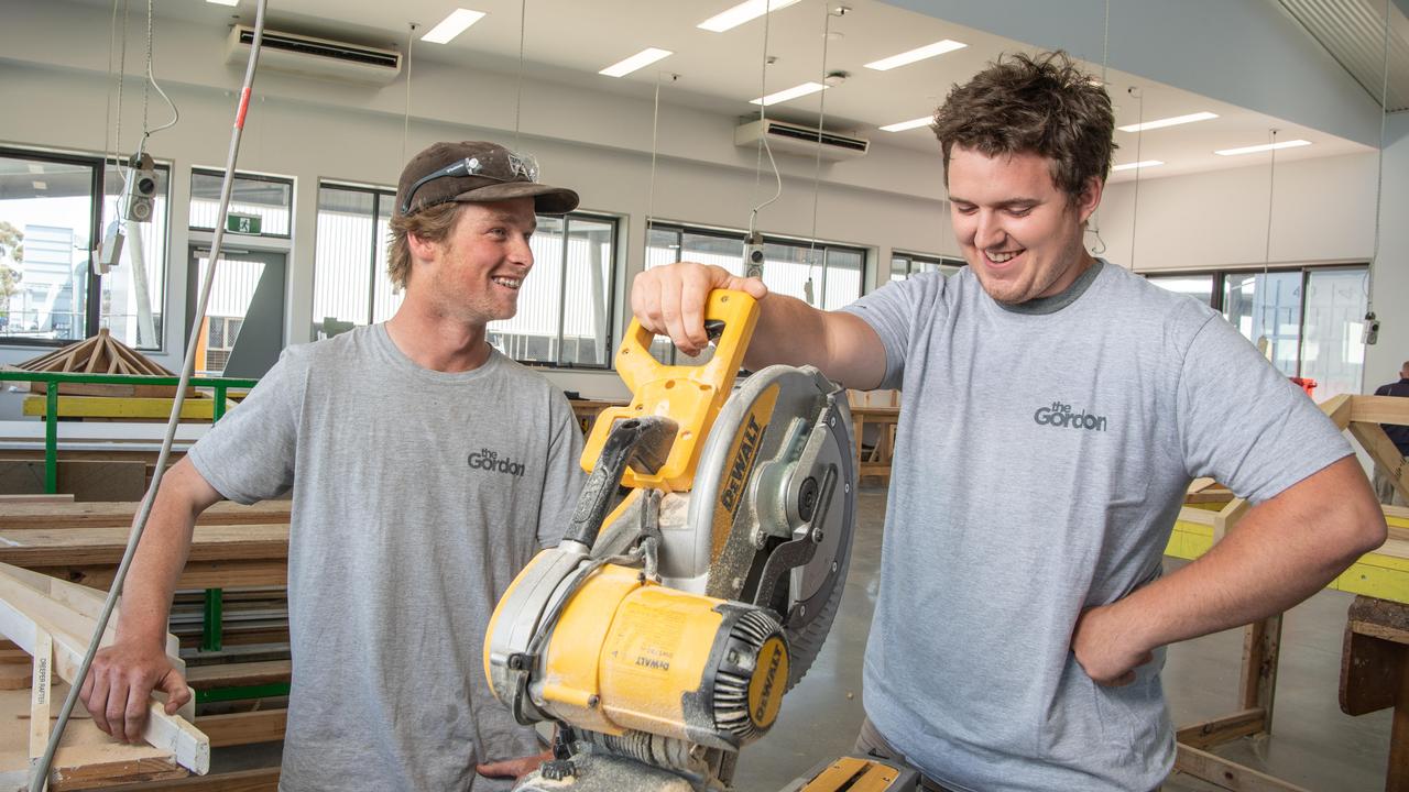 Certificate III carpentry students Tom Kaye and Lewis Roberts at The Gordon Tafe East Campus. Picture: Brad Fleet