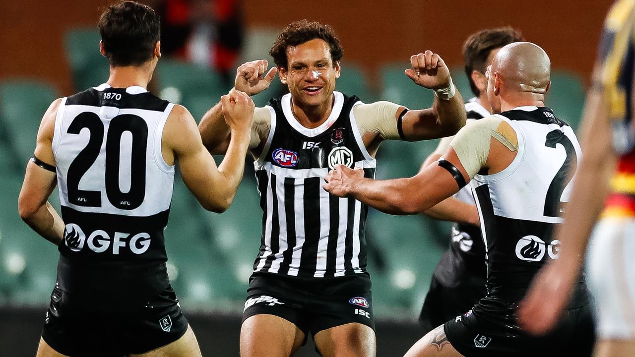 Port Adelaide players in the prison bars jumper. Picture: Getty Images