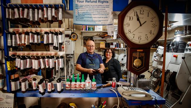 Massimo Sassi and his wife Carmel at Classic Shoe Repair. Picture: Matt Turner