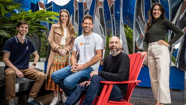 Summer Petrosius, second from left, with fellow entrepreneurs Edward Robinson, Andrew Grocke, Stone & Chalk chief Chris Kirk and Mary Kelly at Lot Fourteen in August. Picture: Tom Huntley