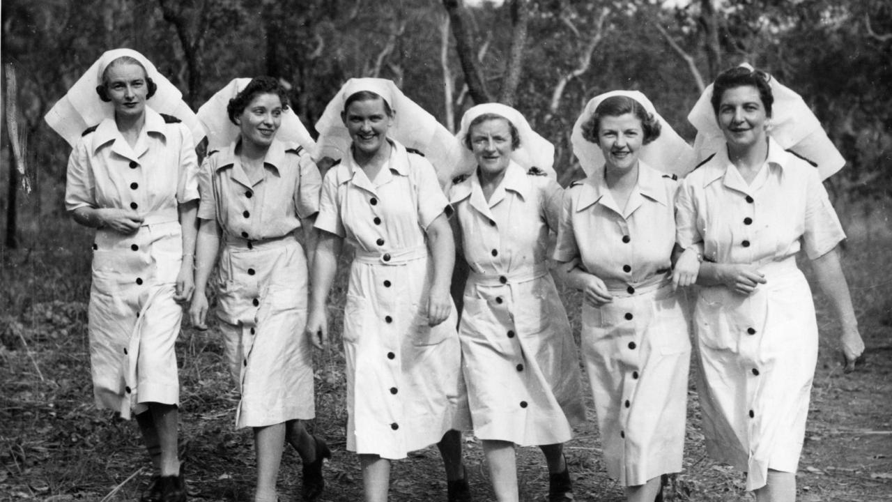 Matron M.D. Dutton (fourth from left) and nurses H.M Hately, S.V. Wynne, J.R. Kelly, M. Soully and J.C.Young in 1943. They were sent to north Queensland to help control malaria and dengue fever.