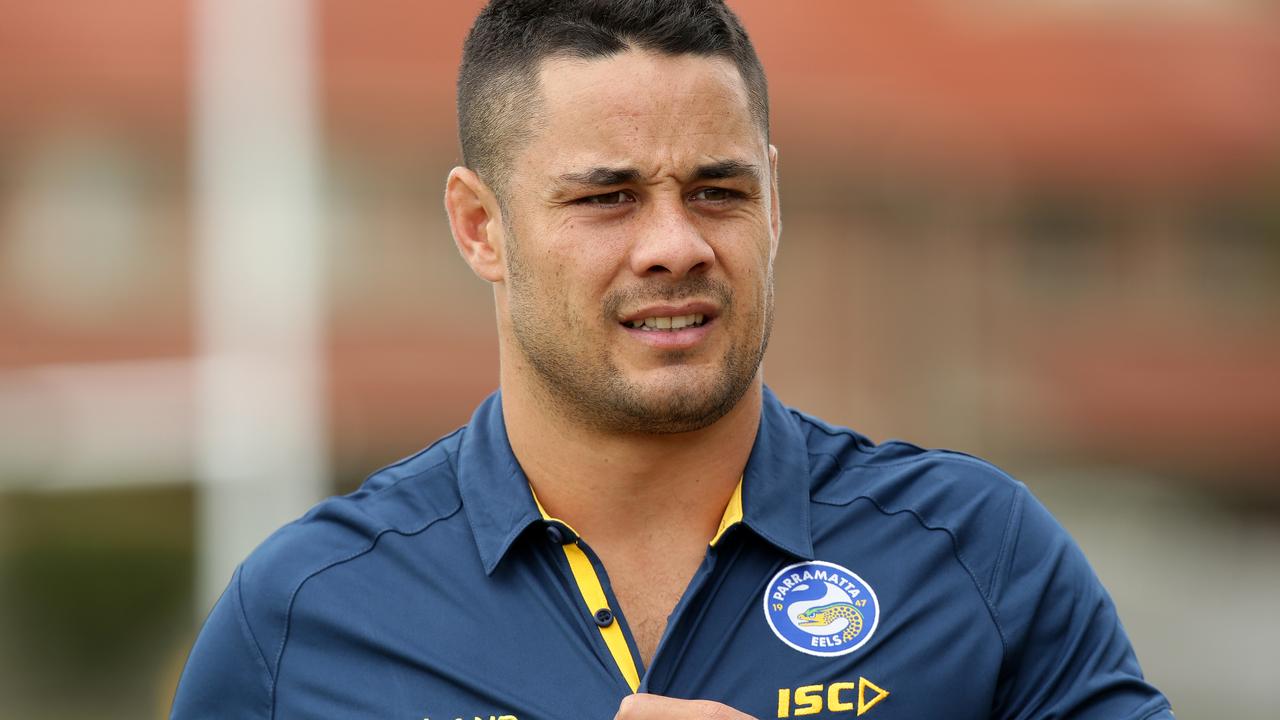 Jarryd Hayne during a media conference after his first official training session with the Parramatta Eels at Old Saleyards Reserve, North Parramatta. Picture: Jonathan Ng