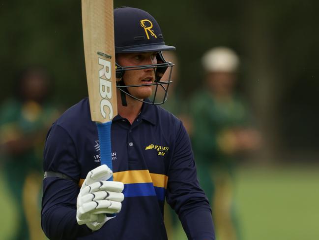 Premier Cricket: Ringwood v Northcote played at Russell Lucas Oval in Ringwood.Ringwood Batsman Tom Rogers leaves the field not out for 181 as Ringwood scored 4-318.Picture: Stuart Milligan