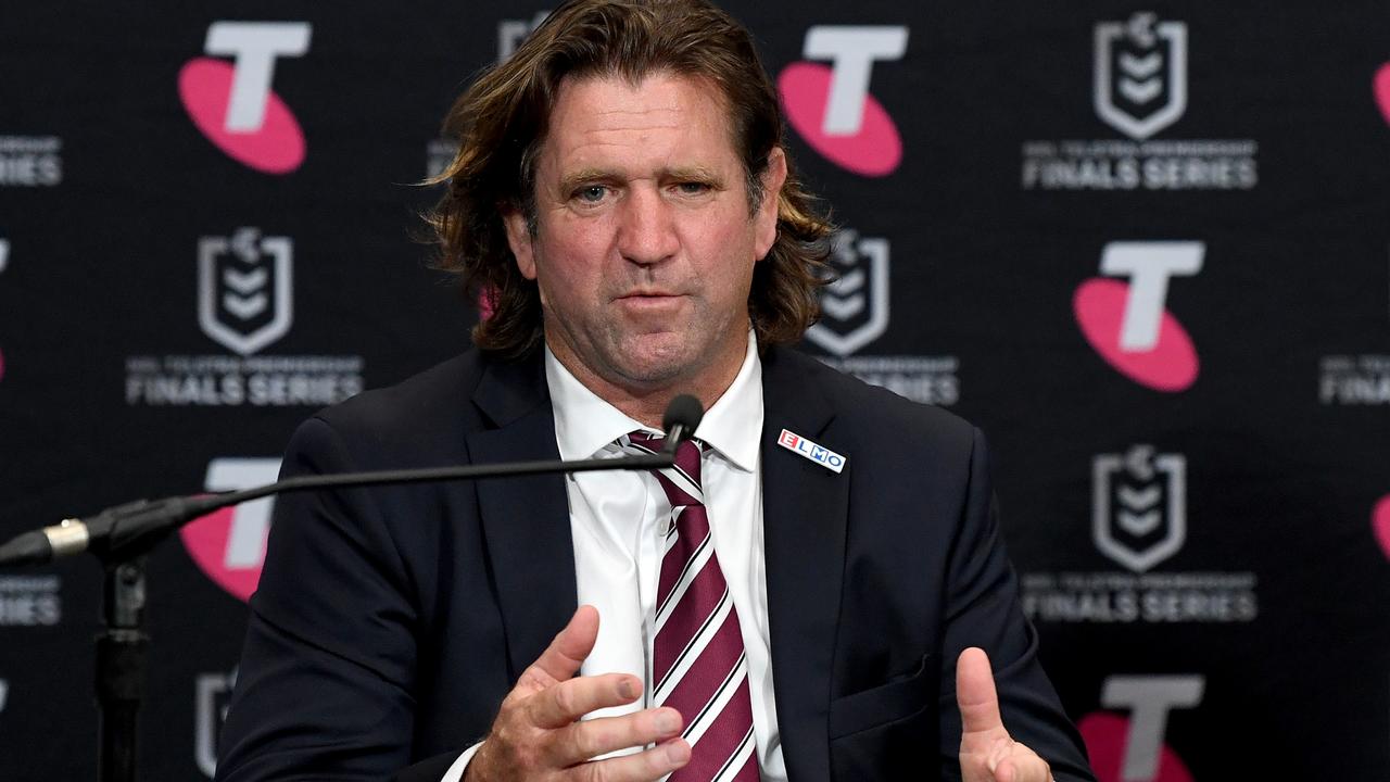 BRISBANE, AUSTRALIA - SEPTEMBER 24: Coach Des Hasler of the Sea Eagles speaks during a press conference after the NRL Grand Final Qualifier match between the South Sydney Rabbitohs and the Manly Sea Eagles at Suncorp Stadium on September 24, 2021 in Brisbane, Australia. (Photo by Bradley Kanaris/Getty Images)