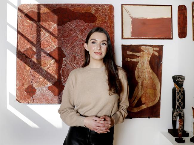 Rachel Pool looking at the Serra Collection of Indigenous art at Bonhams in Sydney. Picture: Nikki Short