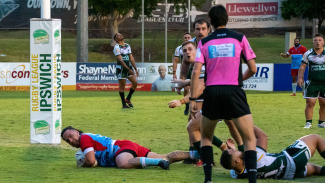 The Jets players show their anguish as Swifts dive over for a telling try in the A-Grade qualifying final at the North Ipswich Reserve. Picture: Bruce Clayton