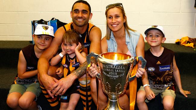 Shaun Burgoyne with his family in the rooms after the Grand Final in 2015. Picture: Wayne Ludbey