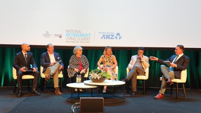 RetireAustralia CEO Dr Brett Robinson (second from left) during a panel at the National Retirement Living Summit on Thursday on the Gold Coast. Picture: Troy Elliot.