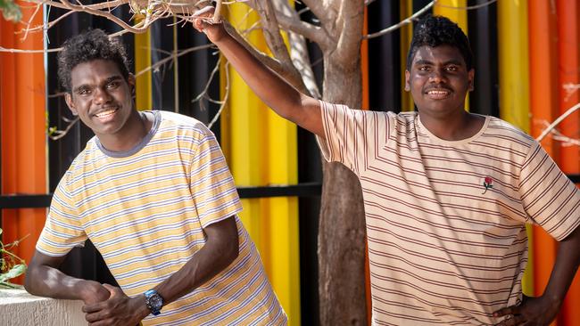 Cecil Puruntatameri, 15, comes from Garden Point while Calvin Cook, 15, is from Milikapiti but the two have forged a strong friendship through MITS. Picture: Che Chorley