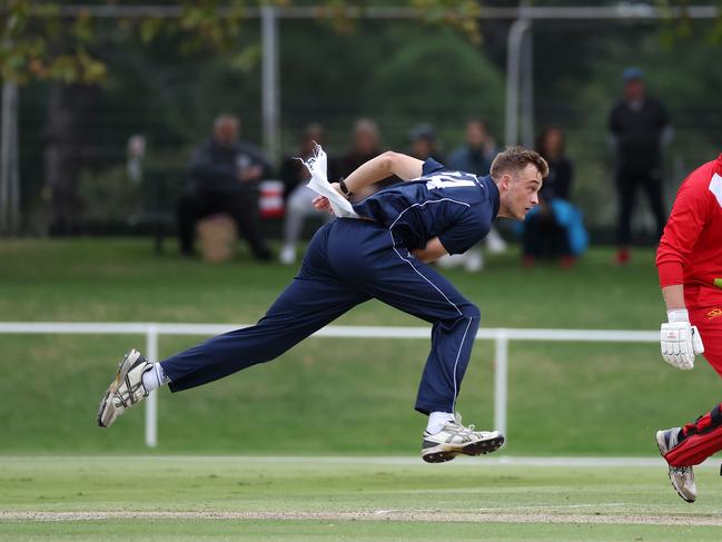 Xavier Crone sends one down for Carlton against Casey South Melbourne in the 2022 Premier Cricket decider. Picture: George Sal