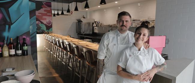 Tim and Sarah Scott at their new restaurant Joy in Bakery Lane off Ann St in Fortitude Valley. Picture: Mark Cranitch.