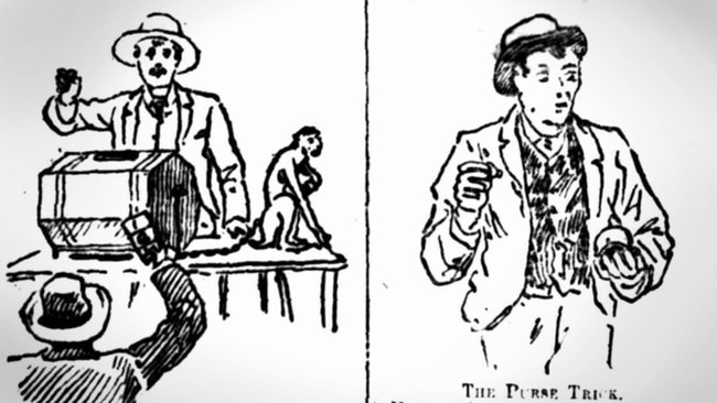 1888 newspaper illustrations of the ‘Monkey and Marble Man’ and the ‘Purse Trick’, used at the spring races. Pictures: Trove