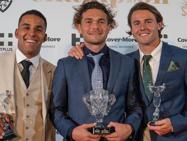 Touk Miller (left), Jarrod Harbrow and Lachie Weller at the Gold Coast Suns club champion awards on Saturday, September 1, at Southport Sharks. Picture: Supplied.