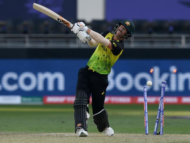 David Warner is bowled as he attempts to push the run rate. Picture: Aamir Qureshi/AFP