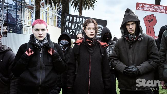 Syd Zygier as Maeve, Lily Sullivan as Petra and Tysan Towney as Danny in Stan Original Series Romper Stomper. Picture: Ben King.