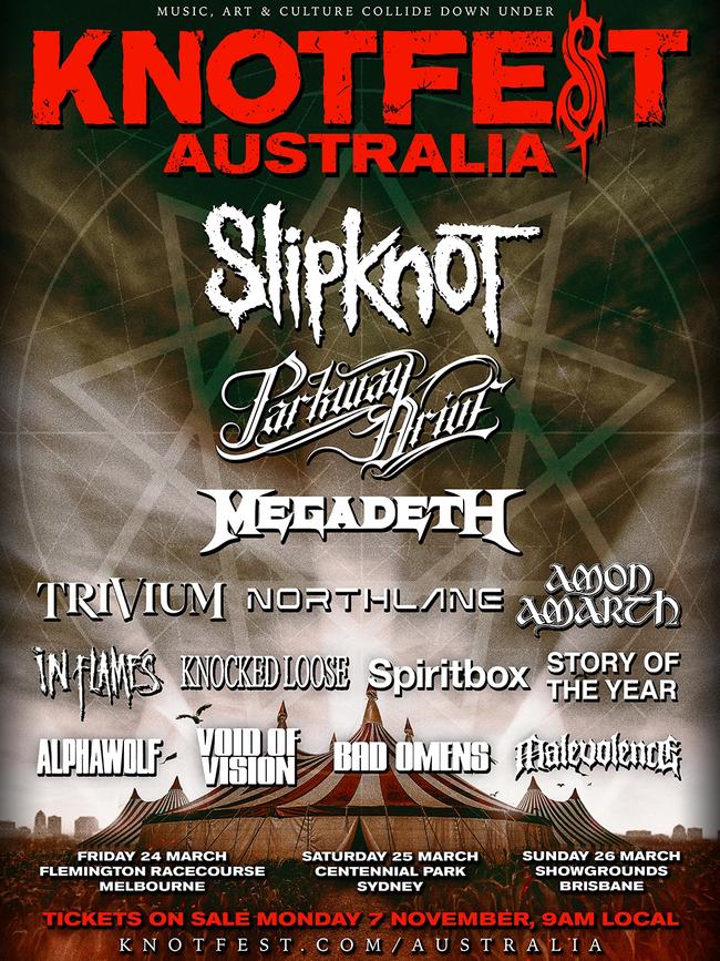 Poster artwork for Knotfest Australia, a heavy metal festival to be held in March 2023. Picture: supplied