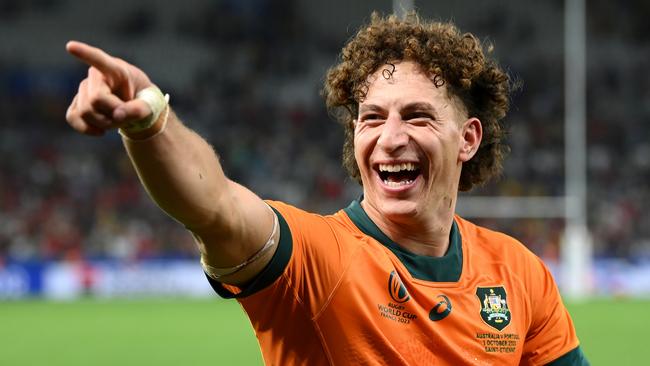 SAINT-ETIENNE, FRANCE - OCTOBER 01: Mark Nawaqanitawase of Australia celebrates victory at full-time following the Rugby World Cup France 2023 match between Australia and Portugal at Stade Geoffroy-Guichard on October 01, 2023 in Saint-Etienne, France. (Photo by Stu Forster/Getty Images) *BESTPIX*