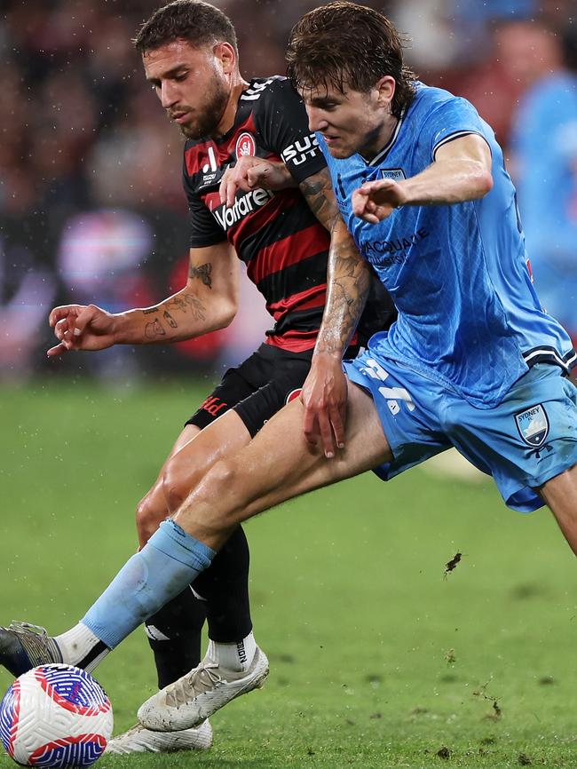 Max Burgess of Sydney FC wins the ball during the A-League Men round 19 match between Western Sydney Wanderers and Sydney FC at CommBank Stadium. Picture: Getty Images