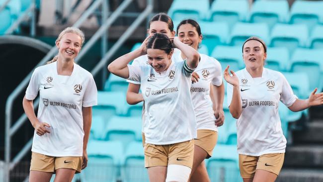 Alice Francou (left) celebrates a goal with her Victorian teammates during last year's FA National Youth Championships. Picture: FA