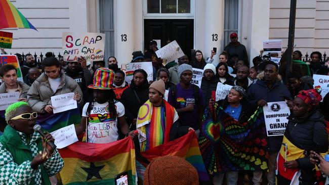 People gather outside the Ghana High Commission in London on March 6, 2024, to protest against Ghana's anti-LGBTQ+ bill. Picture: Adrian Dennis/AFP