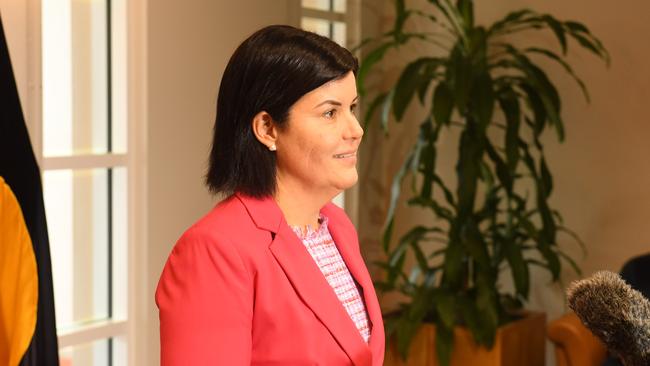 Natasha Fyles addressing Territorians on the day of her being sworn in as Chief Minister. Picture: (A)manda Parkinson