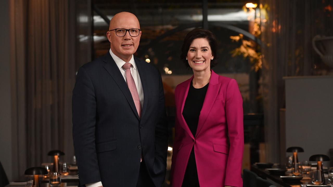 Federal Opposition Leader Peter Dutton and Nicolle Flint at the Playford Hotel. Picture: NCA NewsWire / Keryn Stevens