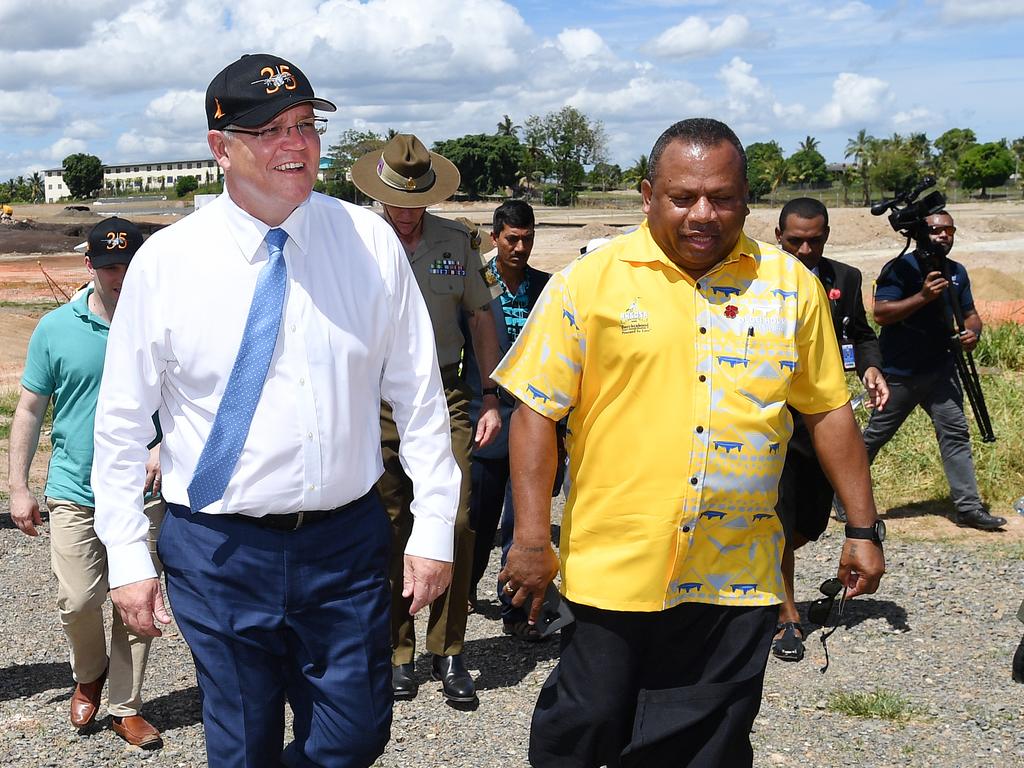 Prime Minister Scott Morrison with the Fiji Minister for Defence and National Security Inia Seruiratu in Nadi, Fiji, October 12, 2019. Picture: AAP Image/David Mariuz