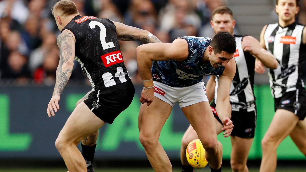 Jacob Weitering suffered a shoulder injury against Collingwood. Picture: Getty Images