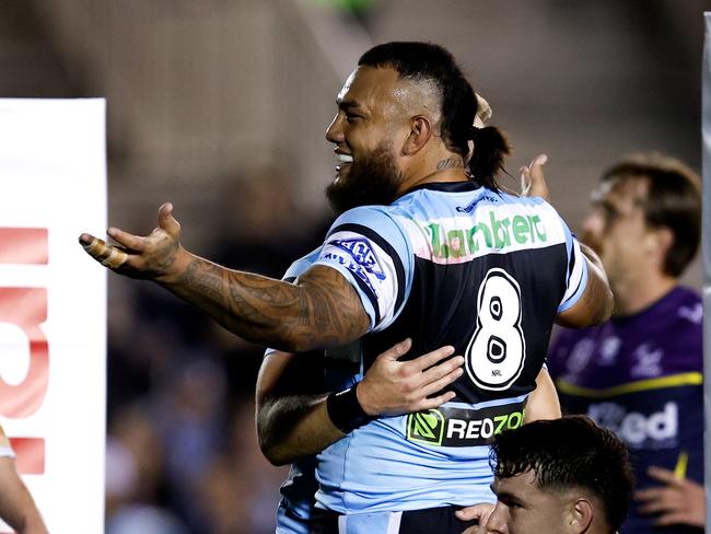 Addin Fonua-Blake starred for the Sharks, playing the entire first half due to injury and scoring a try. Picture: Getty Images