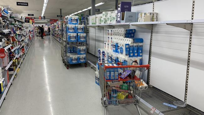 The toilet paper shelves at Coles Welland on Wednesday. Picture: Supplied