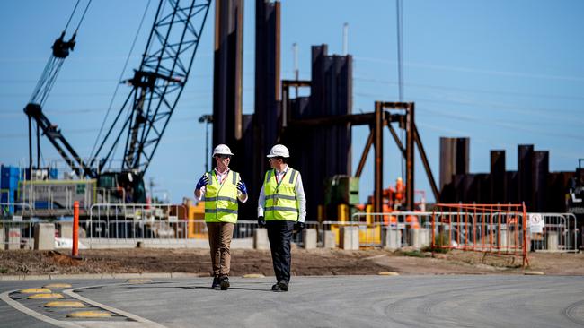 Finance Minister Simon Birmingham visiting the Naval Group facilities. Picture: Mike Burton