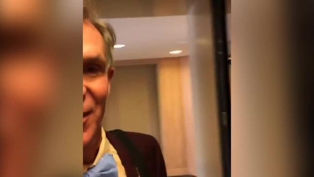 Bill Nye recreates awkward elevator video in Adelaide hotel