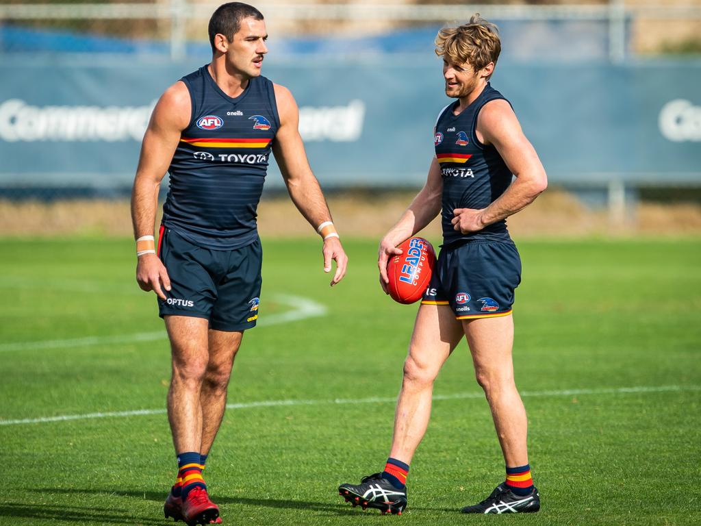 Taylor Walker and Rory Sloane during training at West Lakes, earlier this year. Picture: Tom Huntley