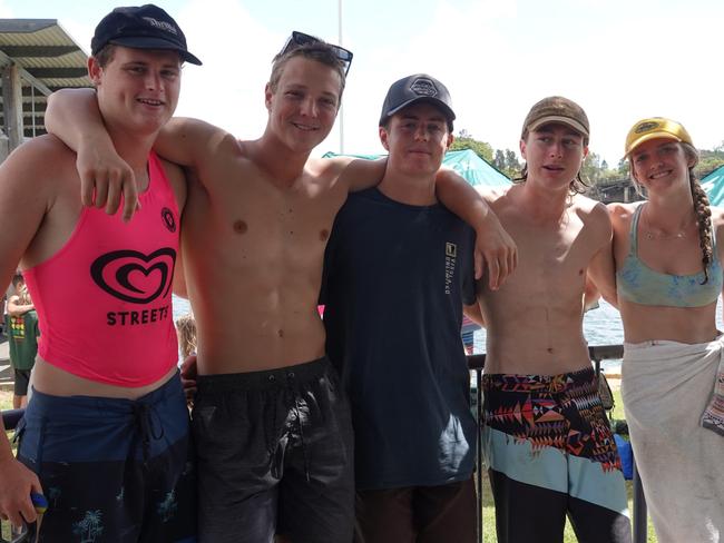 Lachie Ireland, Darcy Lloyd-Phillips, Sunny McRae, Felix Mitchell and Georgia Cameron from Avoca Beach. Two-day surf boat carnival on the Nambucca River hosted by Macksville/Scotts Head Surf Life Saving Club, December 4, 2022. Picture: Chris Knight