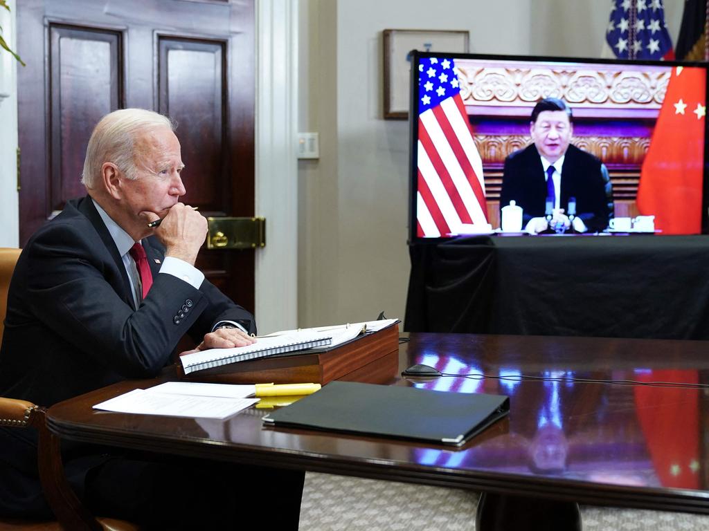 Joe Biden holds a virtual summit with Xi Jinping. Picture: Mandel Ngan/AFP