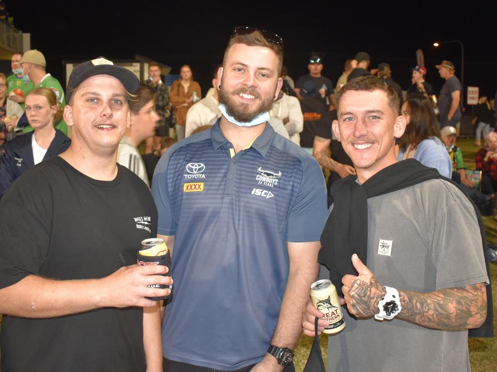 <p>Jake Waddington (from left), Daniel Levitz and Riley Formosa in the crowd at the New Zealand Warriors v Canberra Raiders at BB Print Stadium in Mackay, August 27, 2021. Picture: Matthew Forrest</p>