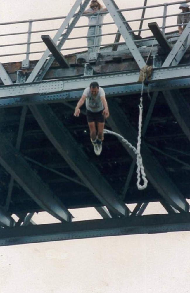 Local youths bungee jump off the Dickabram Bridge in the 1980s. Photo courtesy Dolly Jensen.