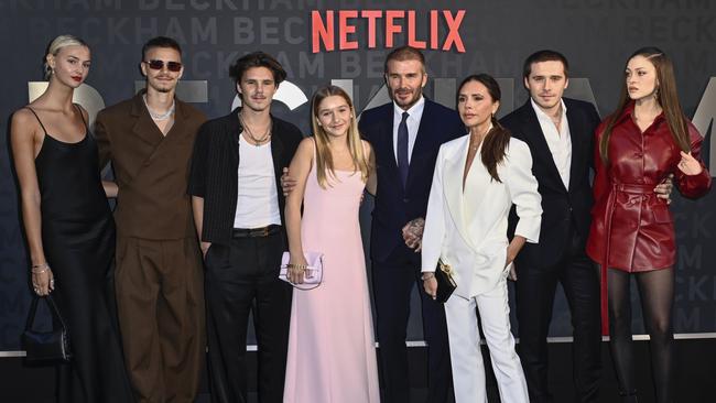 Mia Regan, Romeo Beckham, Cruz Beckham, Harper Beckham, David Beckham, Victoria Beckham, Brooklyn Peltz Beckham and Nicola Peltz Beckham attend the Netflix Beckham UK Premiere in London.