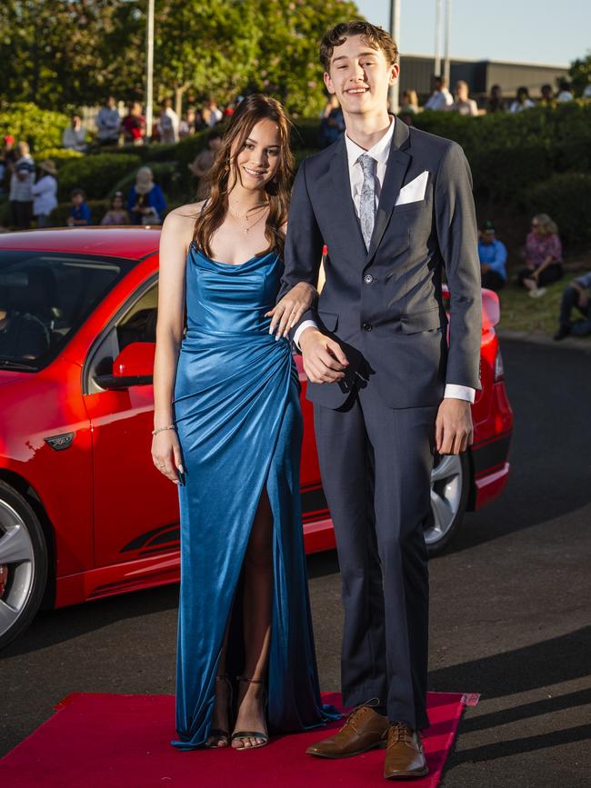 Emily Beveridge and Nick Gollan arrive at Harristown State High School formal at Highfields Cultural Centre, Friday, November 18, 2022. Picture: Kevin Farmer