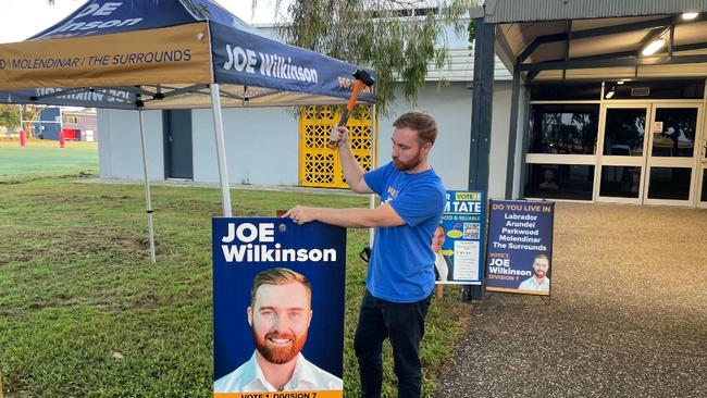 Division 7 candidate Joe Wilkinson preparing for pre-polling in the Gold Coast City Council 2024 election. He is at the Runaway Bay pre-poll.