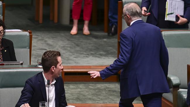 Anthony Albanese walks past Max Chandler-Mather after Question Time at Parliament House in Canberra. Picture: NCA NewsWire / Martin Ollman