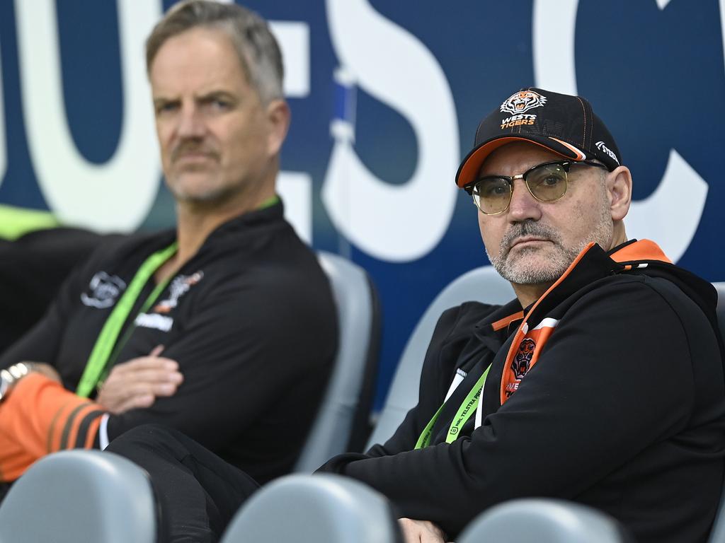 Wests Tigers chairman Lee Hagipantelis and CEO Justin Pascoe. Picture: Ian Hitchcock/Getty Images