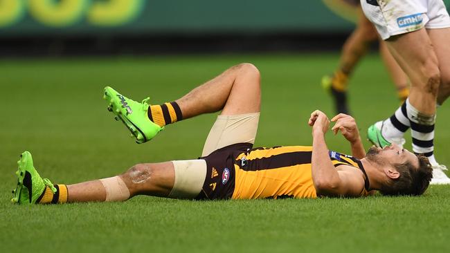 Luke Hodge is seen after being struck by James Parsons on Easter Monday. (AAP Image/Julian Smith)