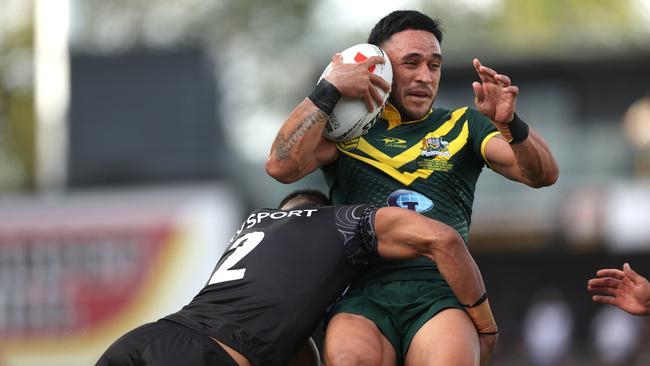 Ronaldo Mulitalo stole the show for the Kiwis, scoring an impressive try and producing a massive hit on Valentine Holmes. Picture: Getty Images